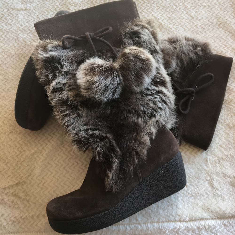 Report Ellie Faux Fur Leather Brown Wedge Boots 7